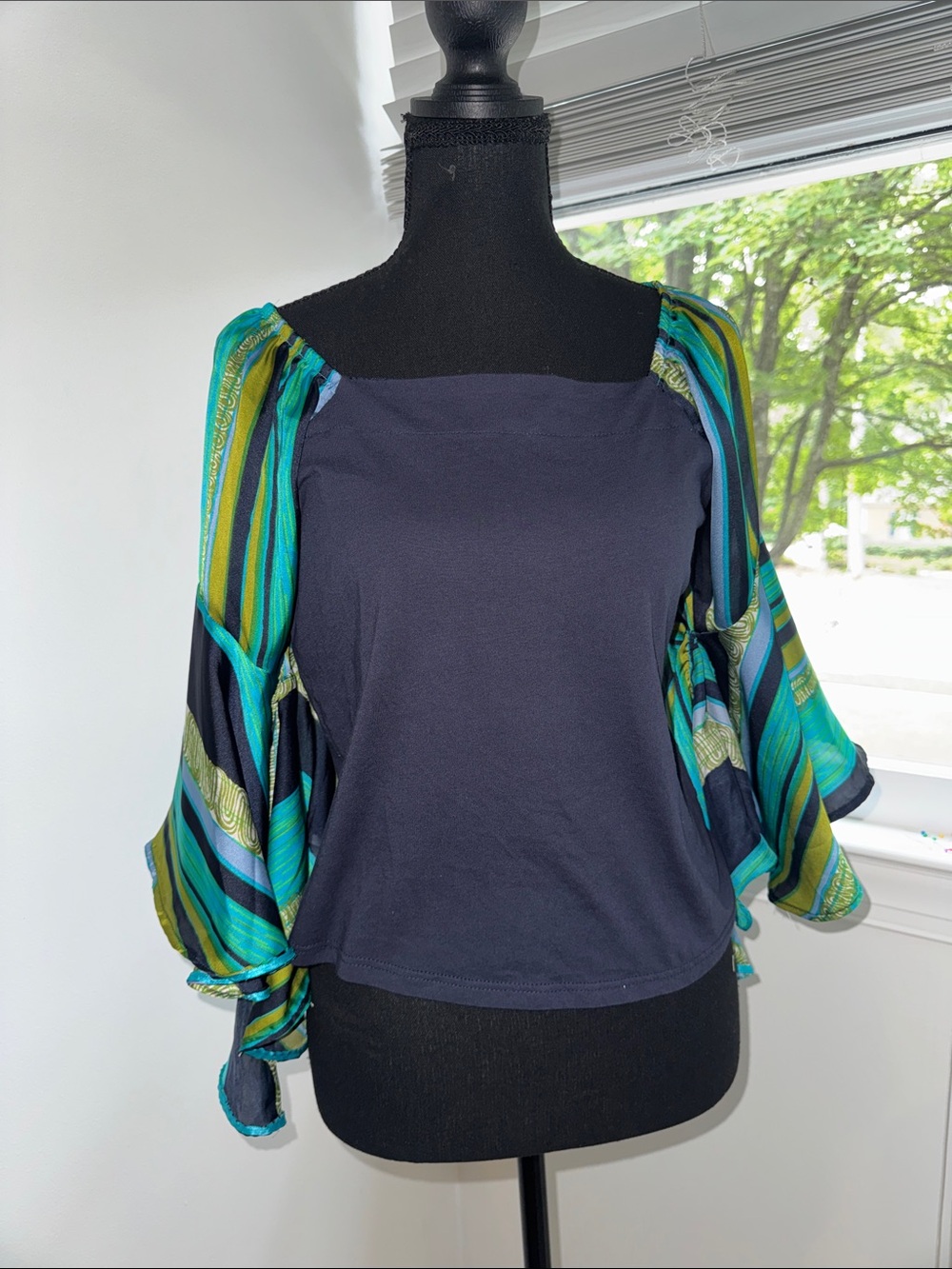 Navy On or Off-Shoulder Blouse with Striped Teal Sleeve Detail